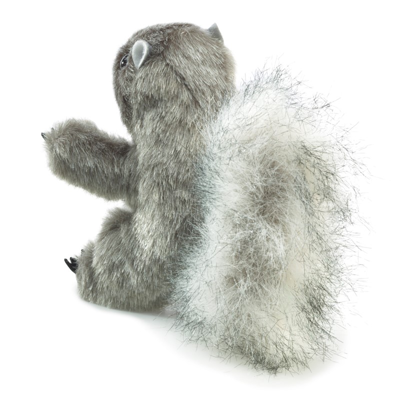 Folkmanis mini grey squirrel finger puppet with a bushy white-grey tail, seen from the back side