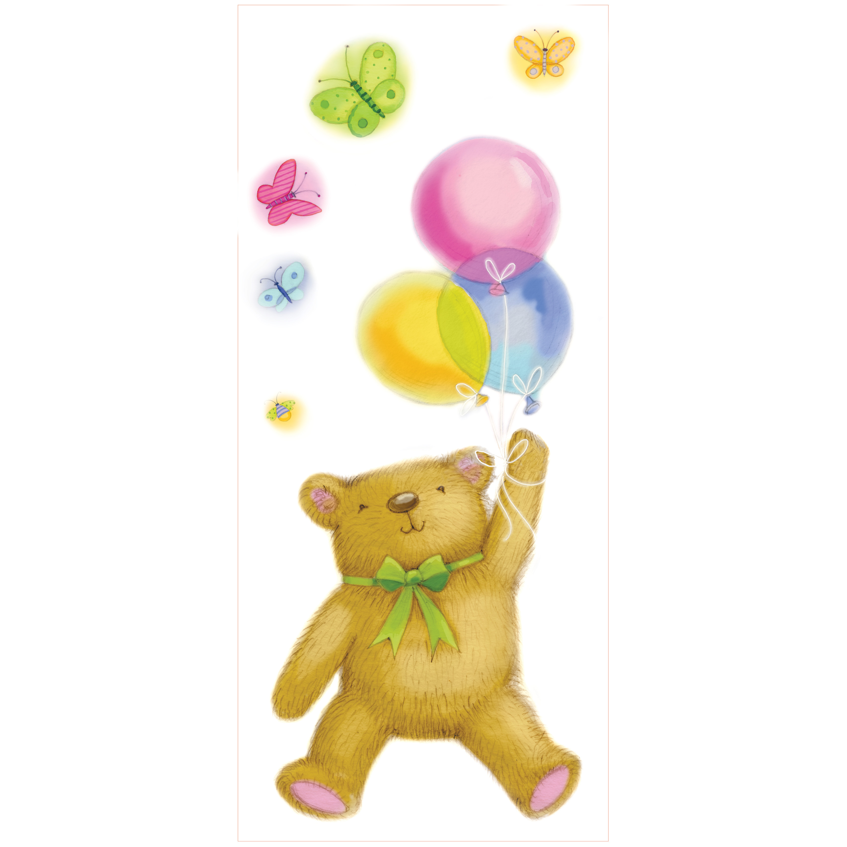 RoomMates Wandbild Up Away, Klebebogen mit Teddybär-, Luftballon- und Schmetterlingsmotiven auf weißem Untergrund
