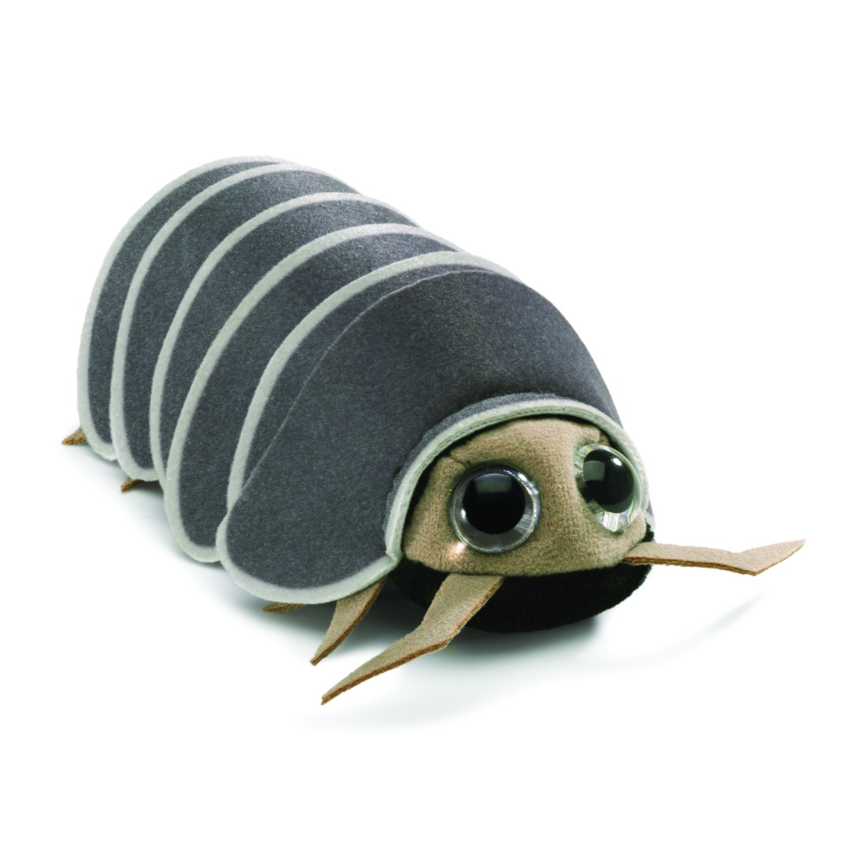 Folkmanis Fingerpuppe mini Assel in Grau mit segmentiertem Rücken, großen Glasaugen und beigen Fühlerbeinen, Schrägansicht
