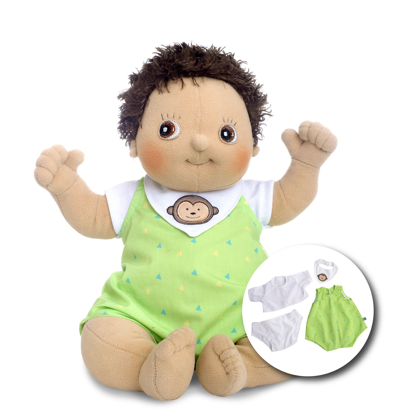 Rubens Barn Baby-Puppe Max mit braunen Locken im grünen Strampler mit Affen-Lätzchen