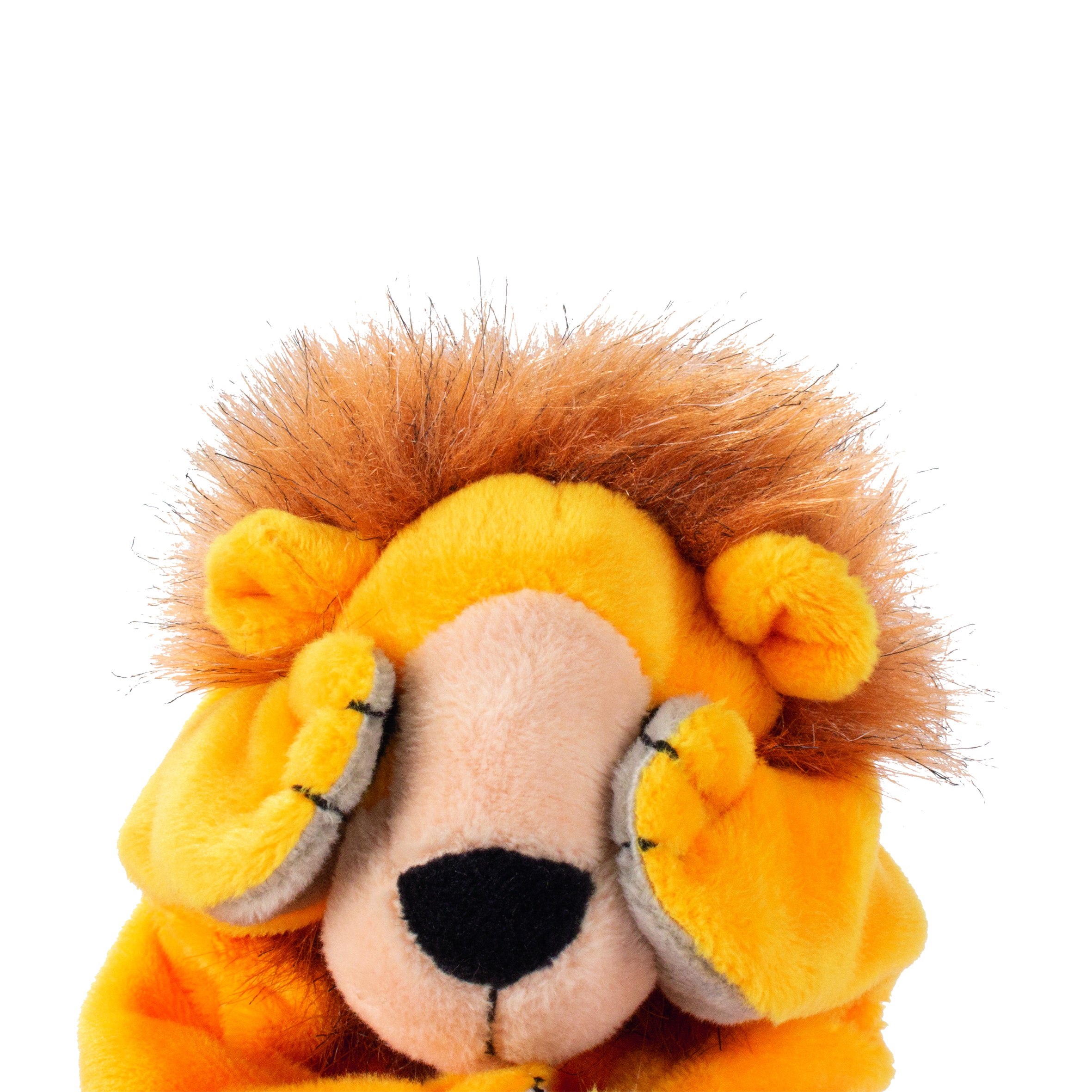 Beleduc Handpuppe Löwe, Nahaufnahme des Kopfes mit Pfoten vor den Augen, Frontansicht