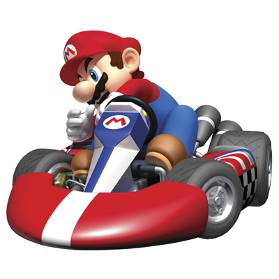 RoomMates wall decal Nintendo Mario Kart Wii, decal sheet with the Mario character, racing kart parts and the Mario Kart Wii logo on a white background