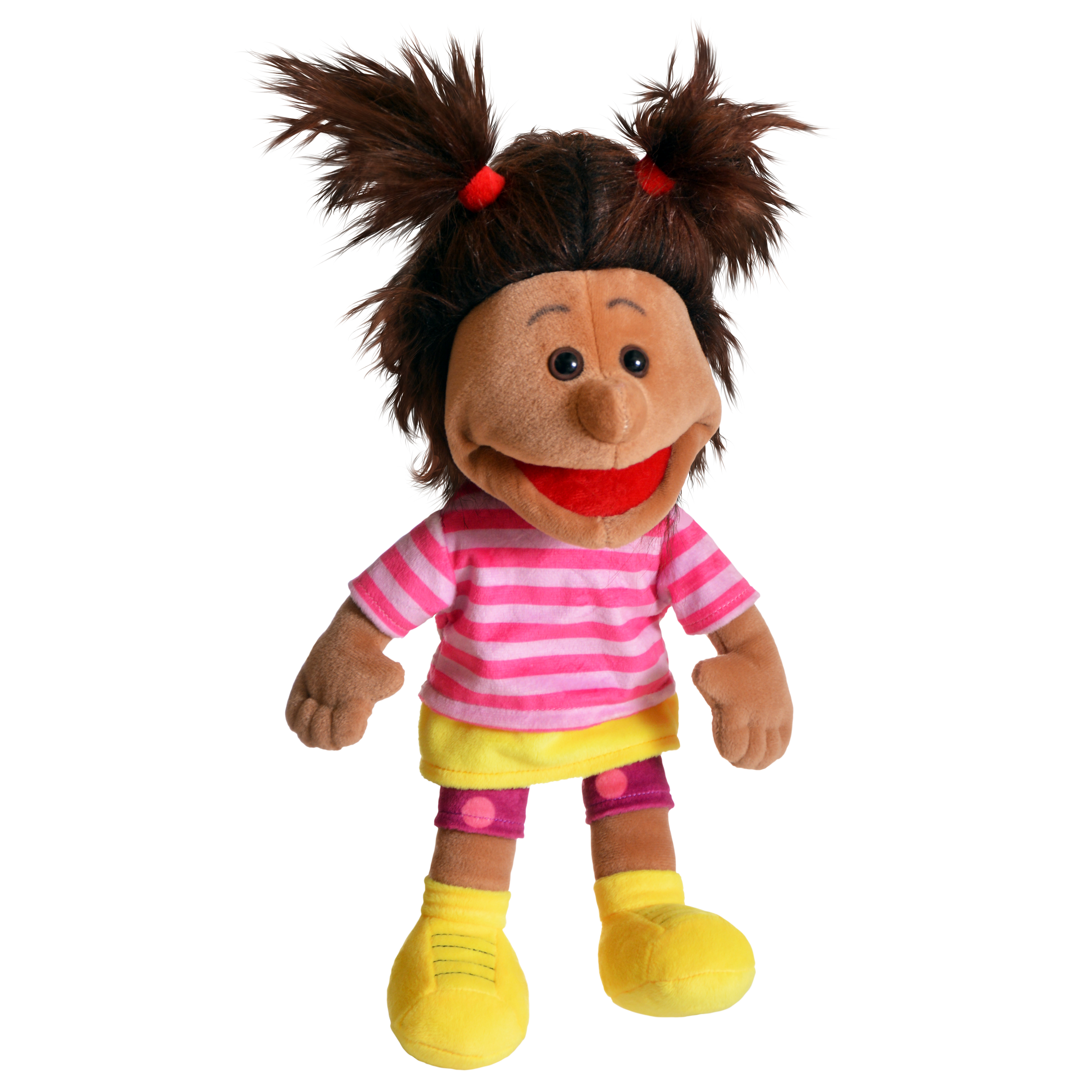 Living Puppets Mini-Handpuppe Anita mit braunen Zöpfen, pink gestreiftem Shirt und gelben Schuhen