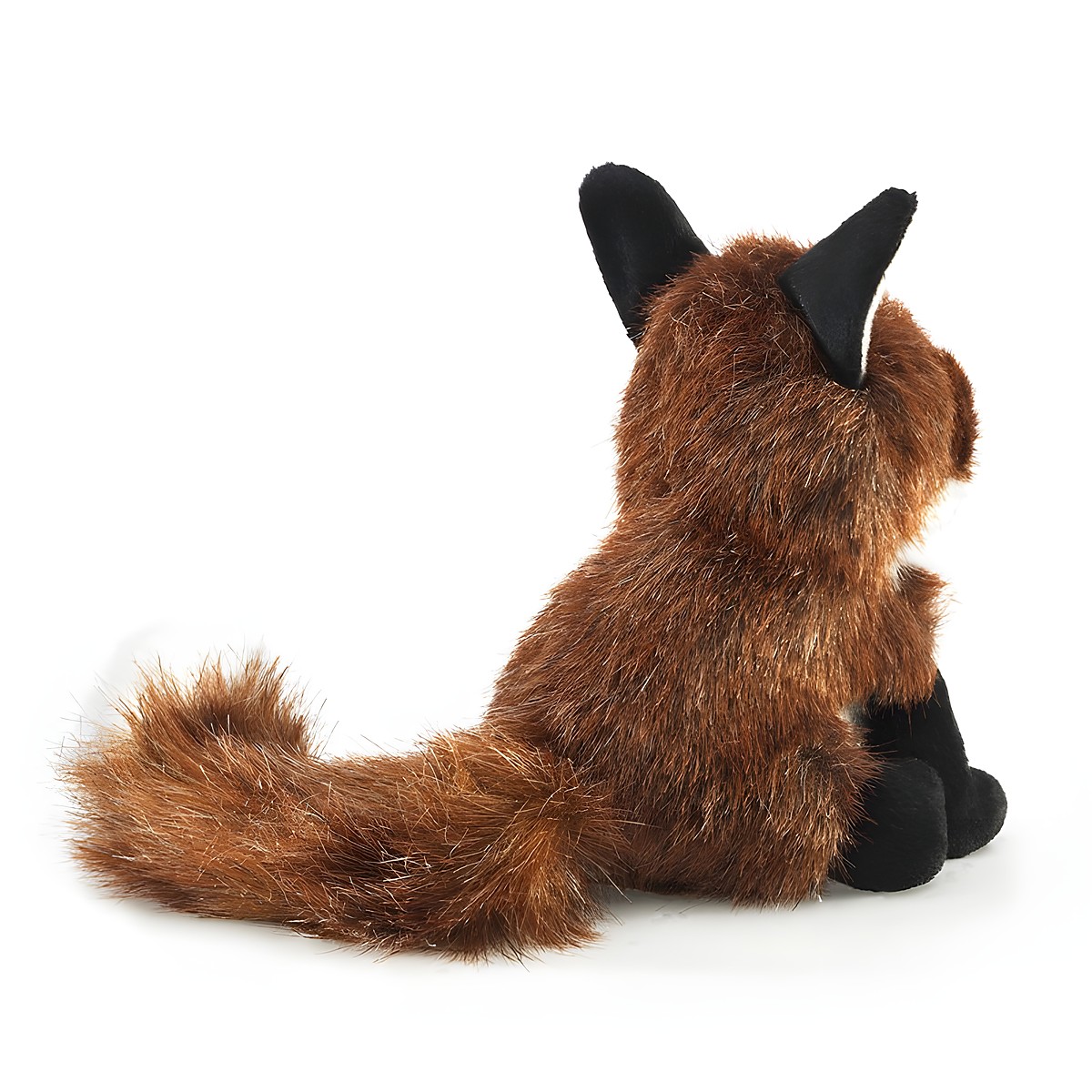 Folkmanis Fingerpuppe mini Fuchs von hinten: rotbraunes Fell, buschiger Schwanz, schwarze Pfoten und Ohren