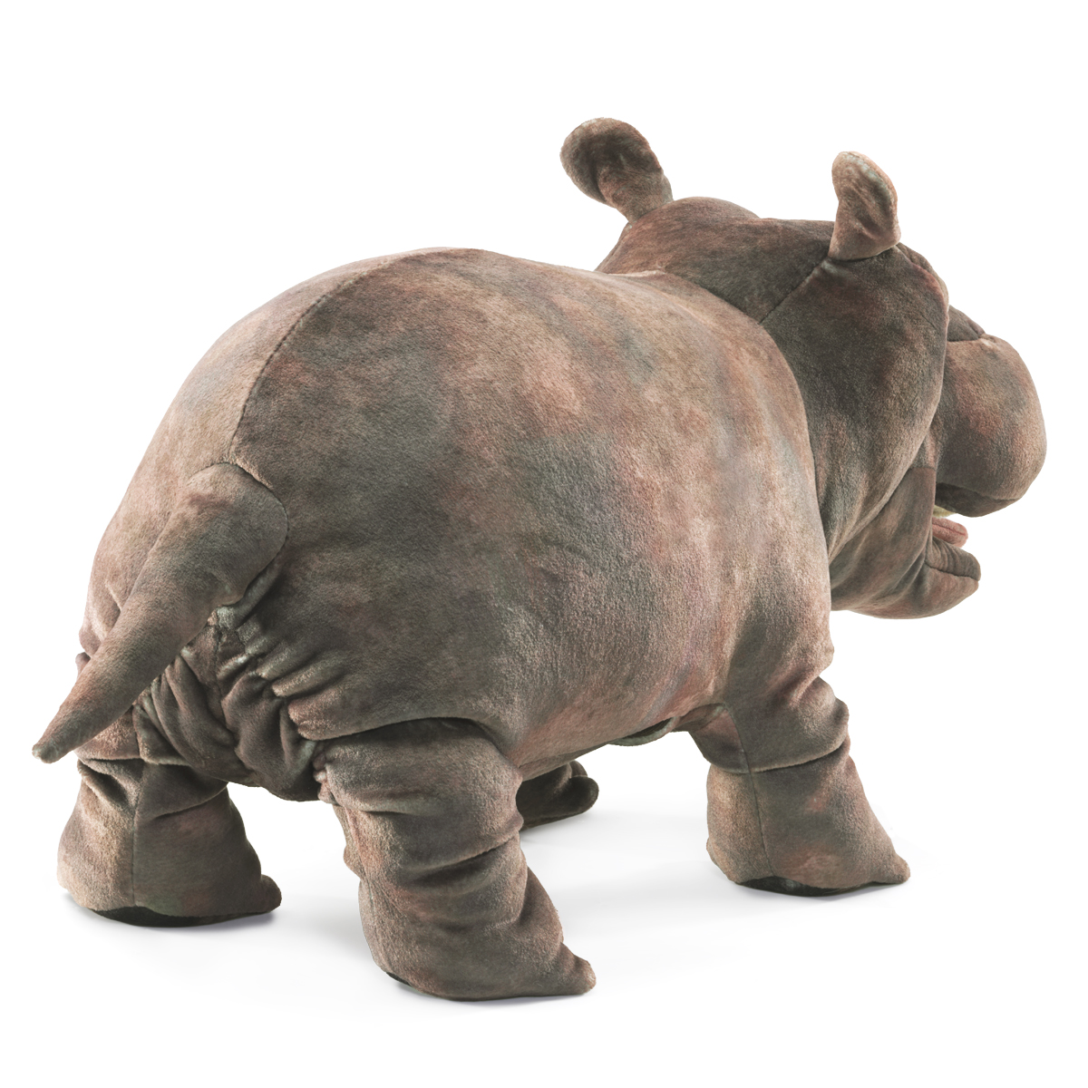 Folkmanis baby hippo hand puppet in grey-brown plush, standing viewed from behind with visible tail and short legs