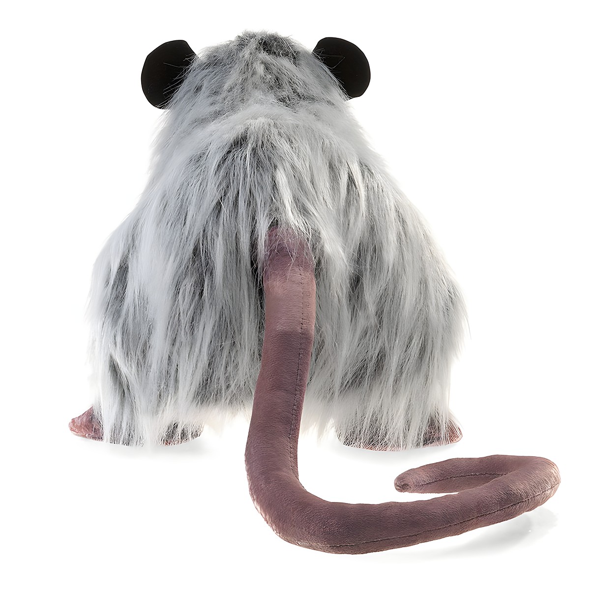 Folkmanis Opossum Handpuppe von hinten mit grau-weißem Langfell, schwarzen Rundohren und langem braunem Ringelschwanz.