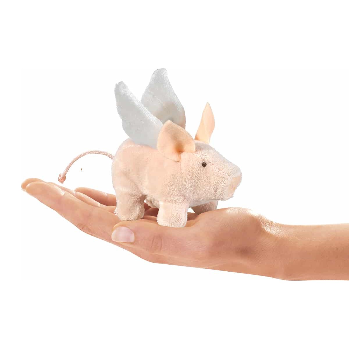 Folkmanis Mini-Fingerpuppe fliegendes Schwein mit weißen Flügeln, rosa Plüsch, auf einer Handfläche liegend