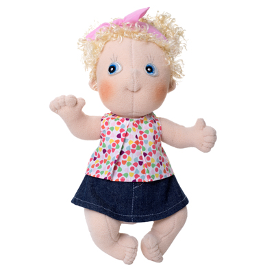 Rubens Cutie doll in the patterned summer top with denim skirt and pink hair bow