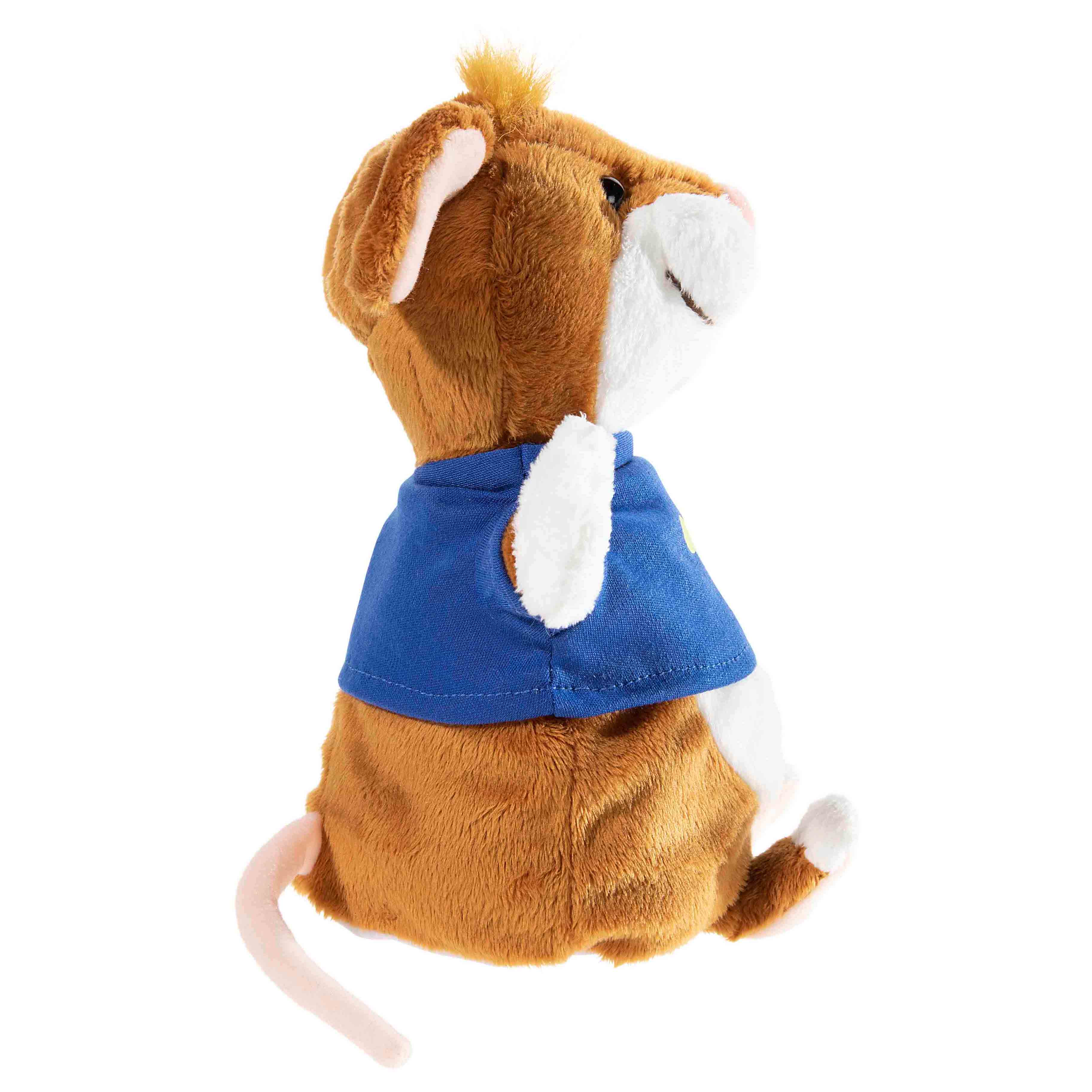 Heunec hand puppet Leo the mouse, brown plush mouse in profile with blue T-shirt and a long tail