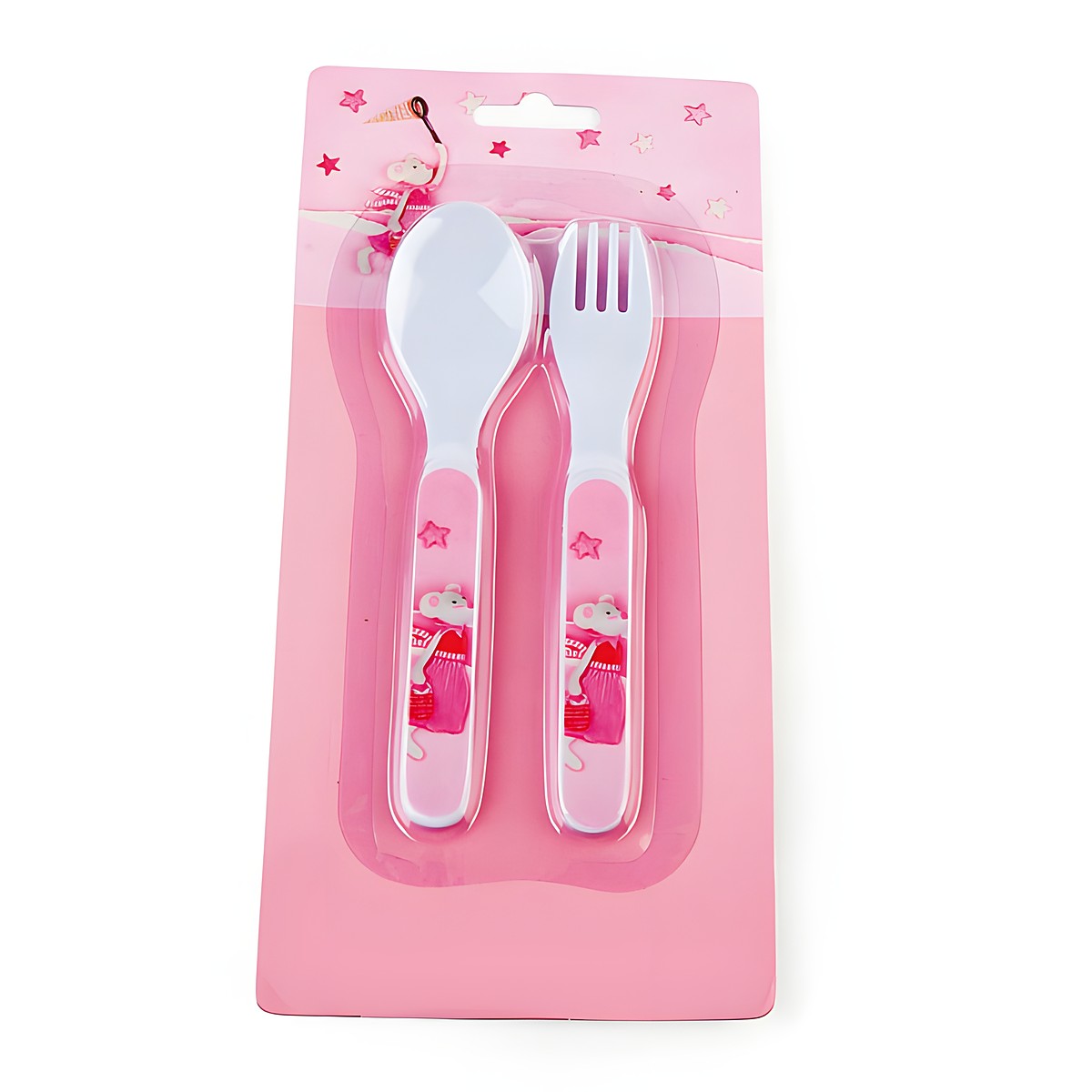 Egmont Toys cutlery mouse Twiggy, white spoon and fork with pink handle on pink packaging with mouse motif