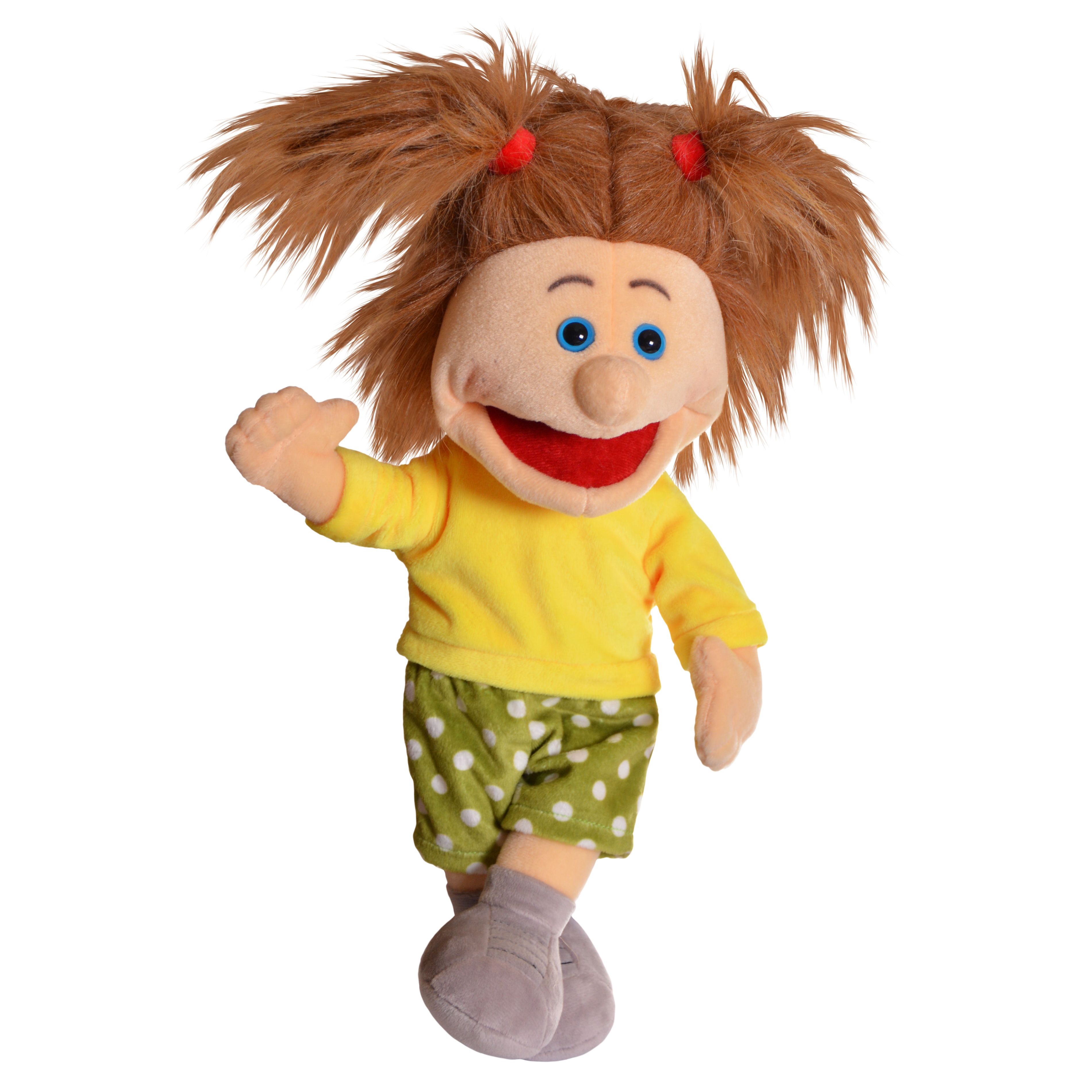 Living Puppets Mini-Handpuppe Hanne mit braunen Zöpfen, gelbem Shirt und gepunkteten Shorts