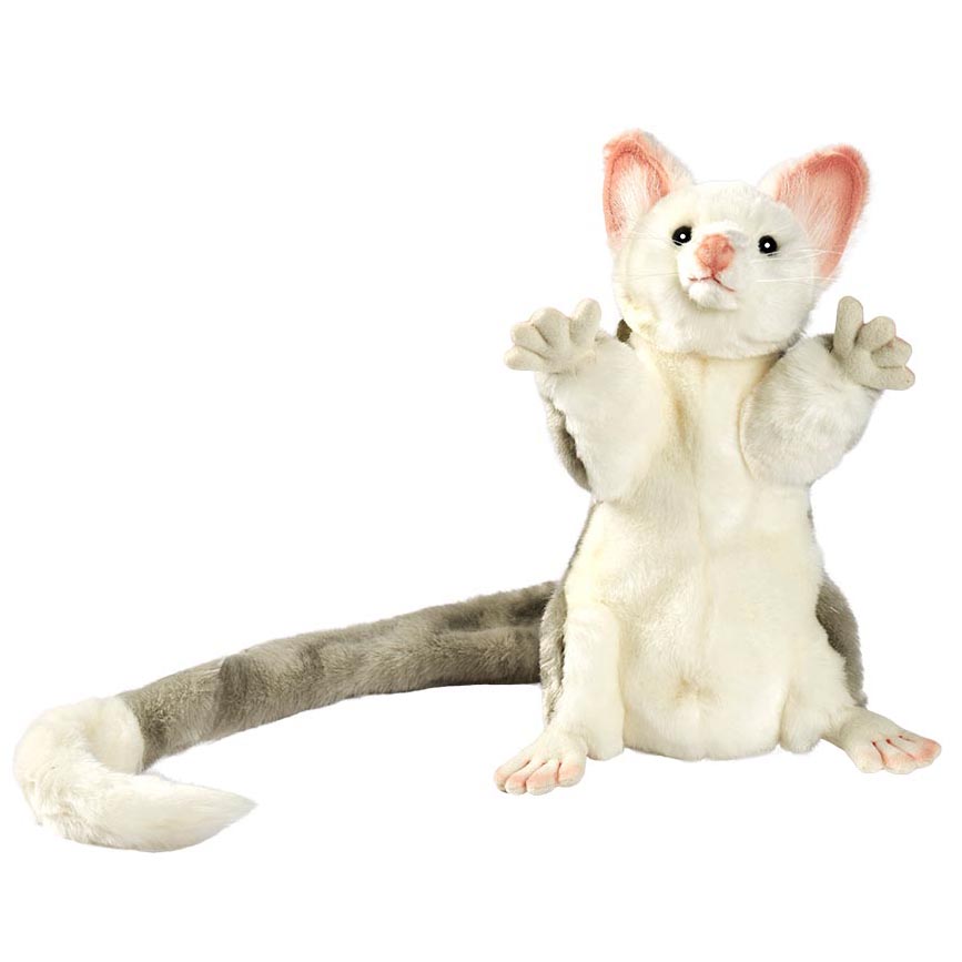 Opossum hand puppet by Hansa Creation with white fur, pink ears and a long grey prehensile tail