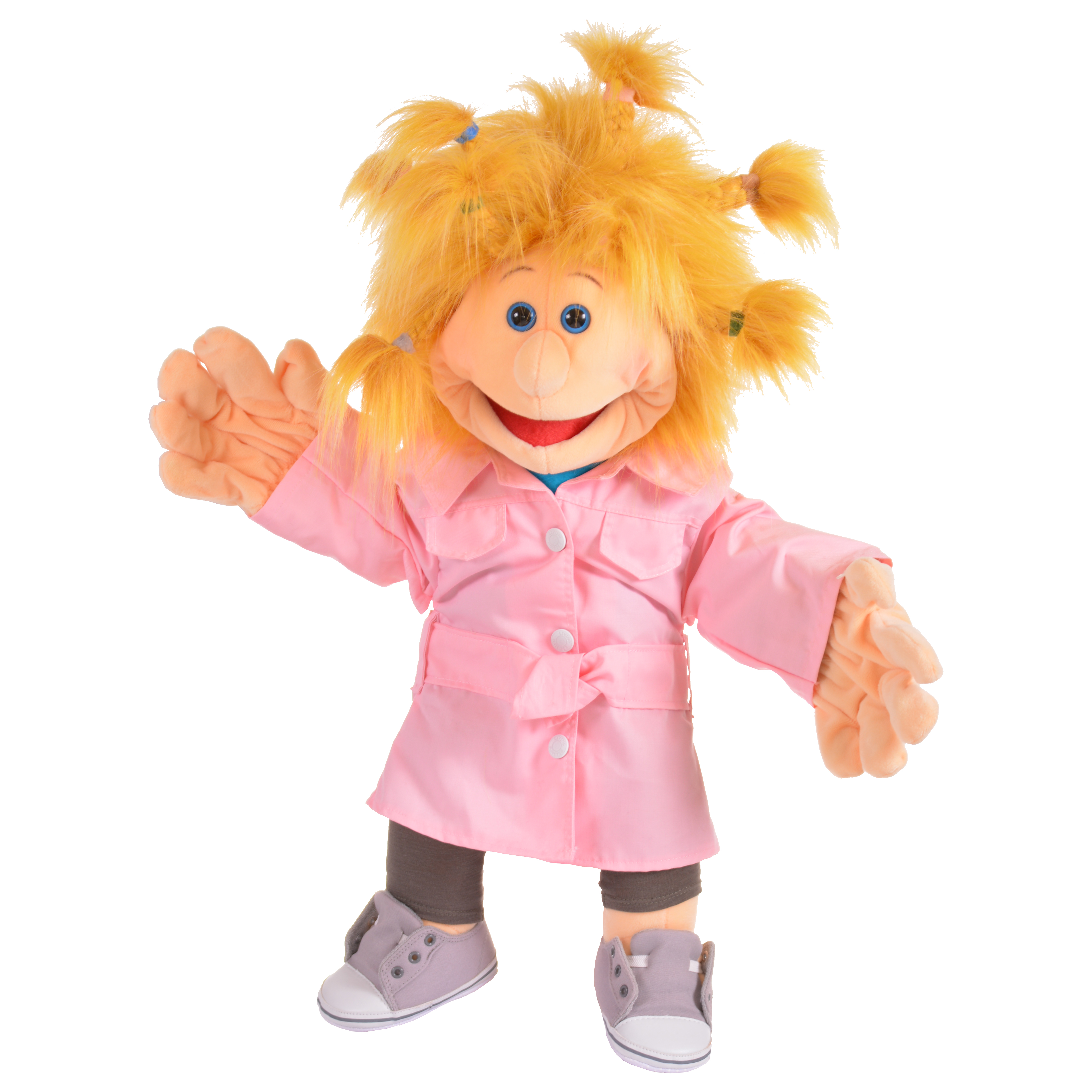 Living Puppets hand puppet Mirka with EXTRA pink trench coat