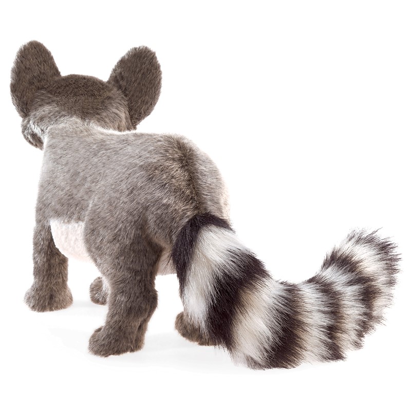 Folkmanis ringtail cat hand puppet seen from behind, grey-brown plush fur, distinctive black-and-white ringed tail
