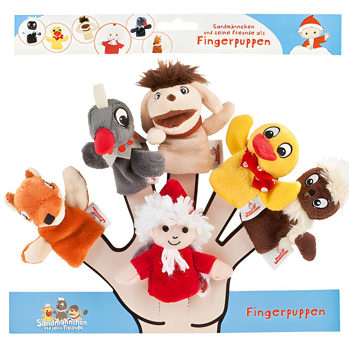 Heunec finger puppet 6-piece set Sandmaennchen and his friends, packaging showing fox, duck, Sandmaennchen and other characters on a hand