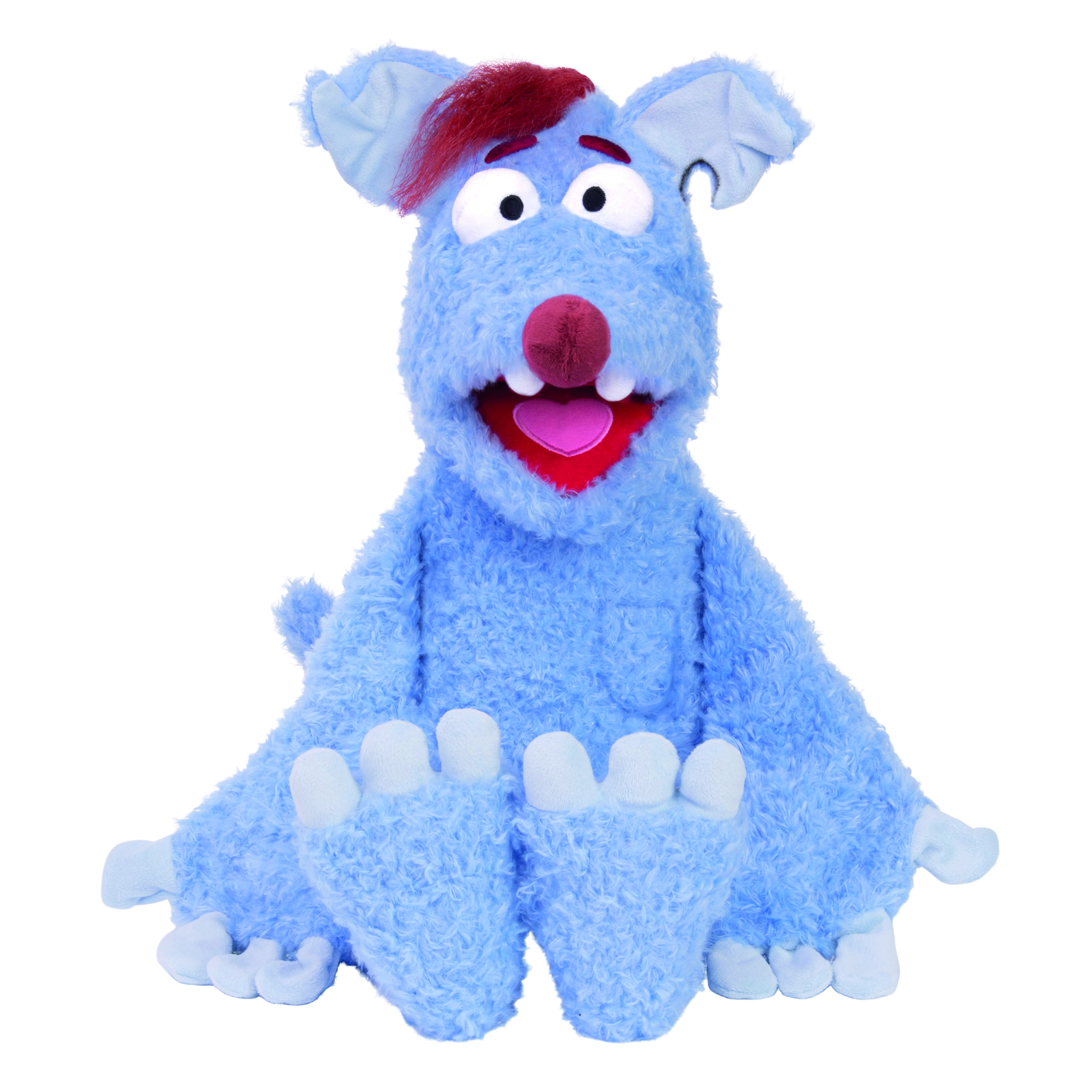 Living Puppets hand puppet Woozle from Woozle Goozle, light blue furry creature with a red tuft of hair, sitting with its big feet forward
