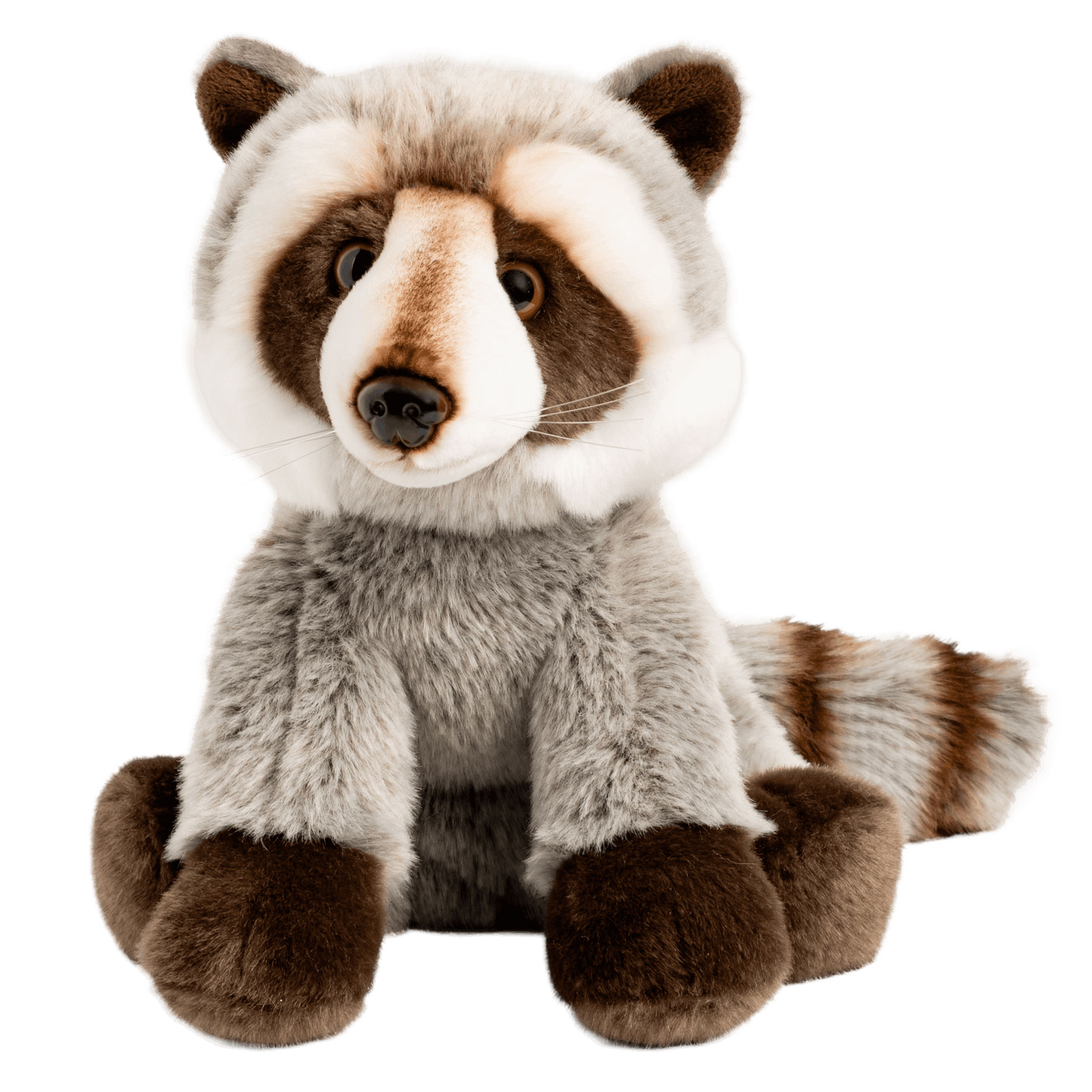 Waschbär Kuscheltier von Anima, sitzende Plüschfigur mit grauem Fell, dunkelbrauner Gesichtsmaske, weißen Wangen und geringeltem Schwanz in Frontalansicht