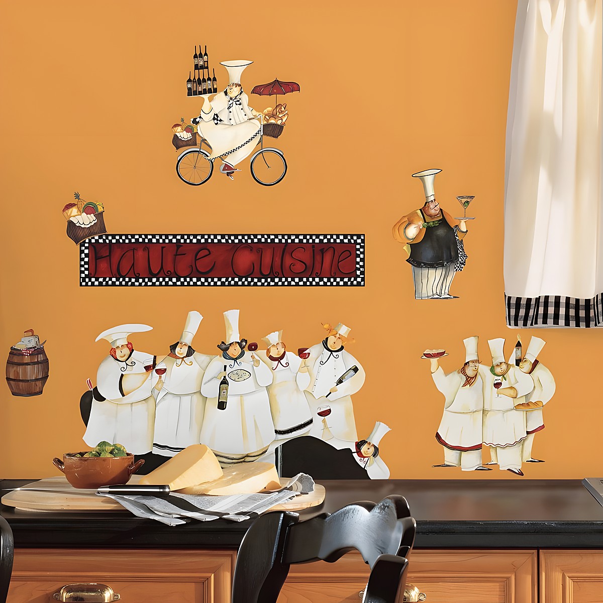 RoomMates wall decal Chefs Peel & Stick, illustrated chefs with wine and cheese on an orange kitchen wall above a countertop