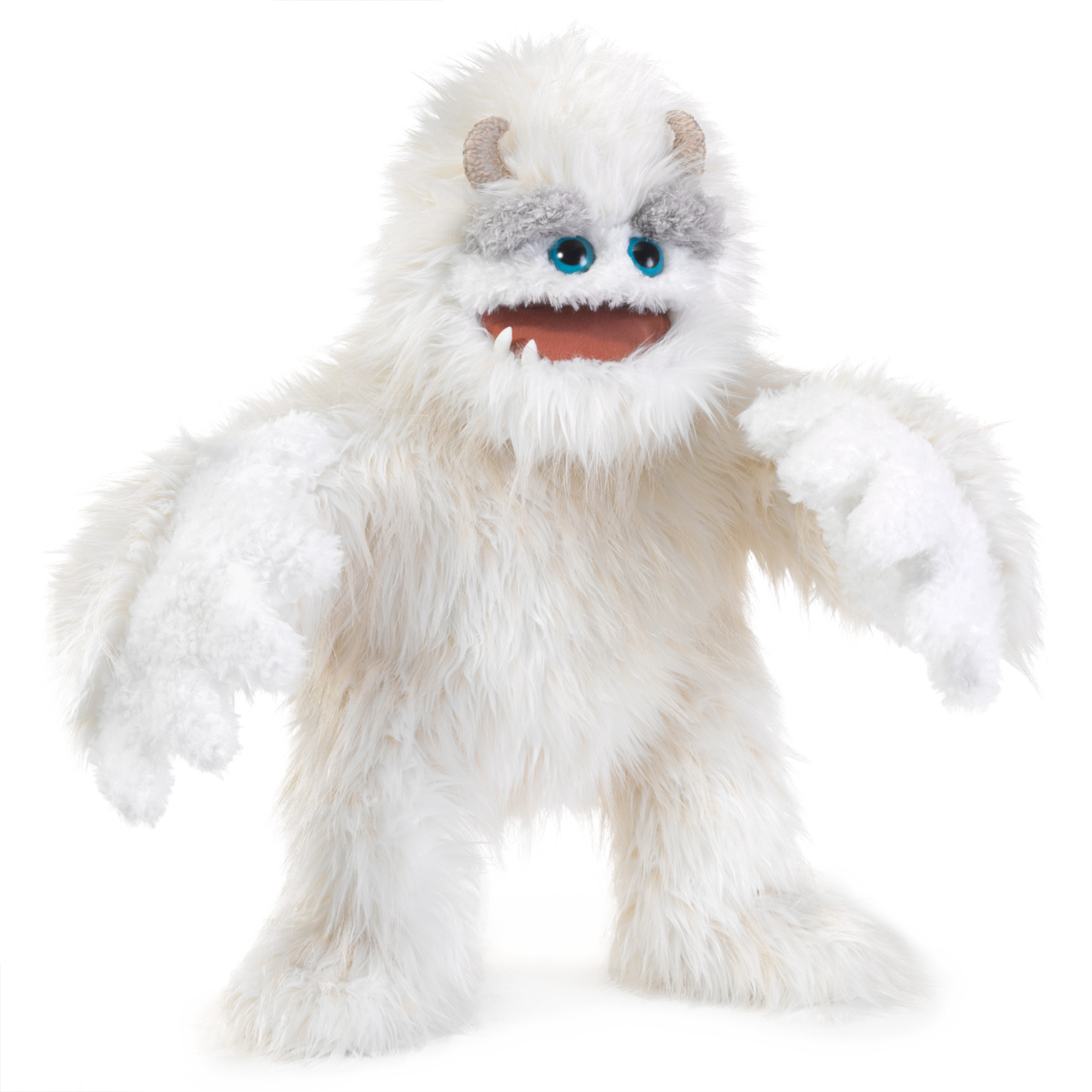 Folkmanis Yeti-Handpuppe aus weißem Langflor-Plüsch mit blauen Augen, kleinen Hörnern und geöffnetem Mund, Frontalansicht