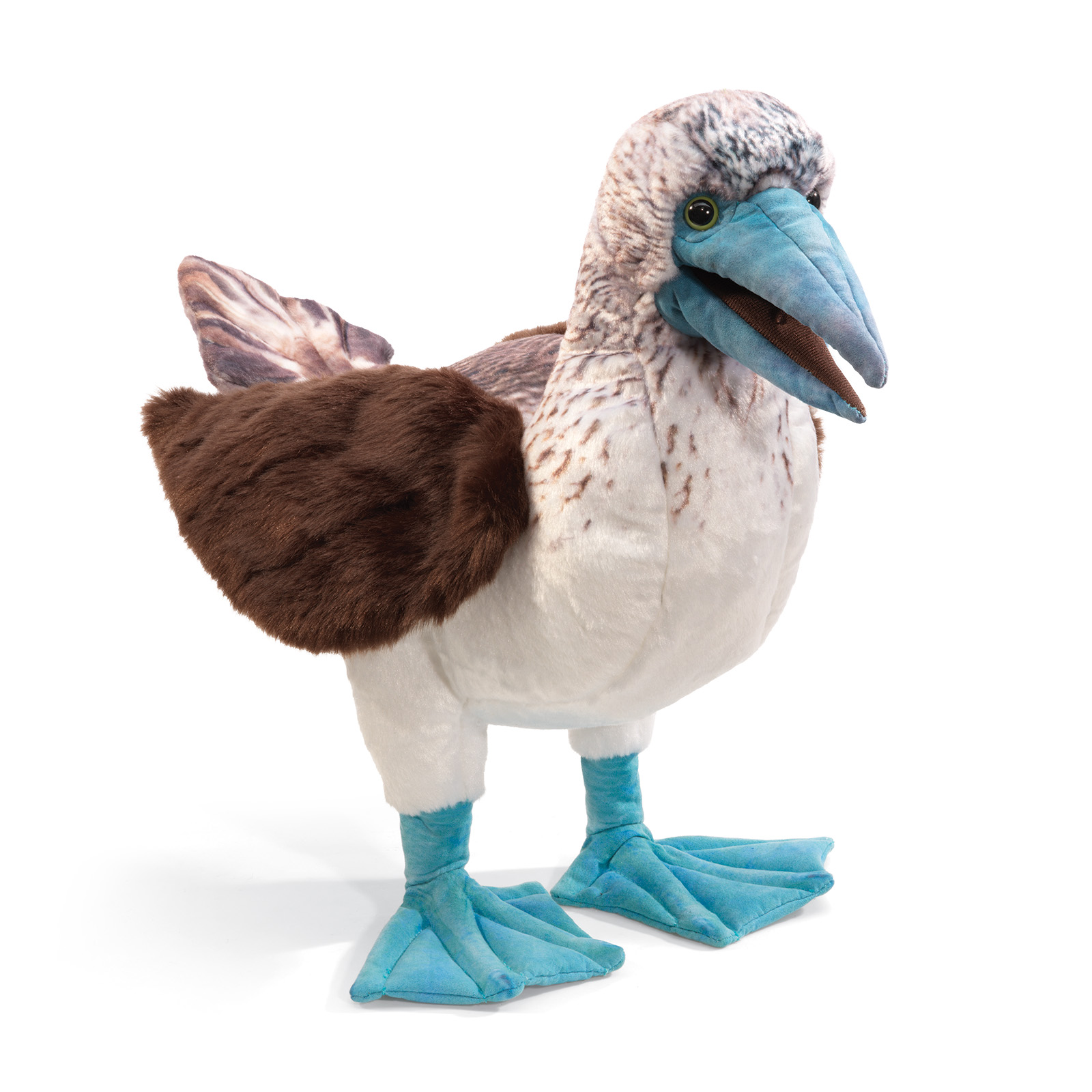 Folkmanis Handpuppe Blaufußtölpel stehend, mit türkisfarbenen Schwimmfüßen, blauem Schnabel und braun-weißem Gefieder