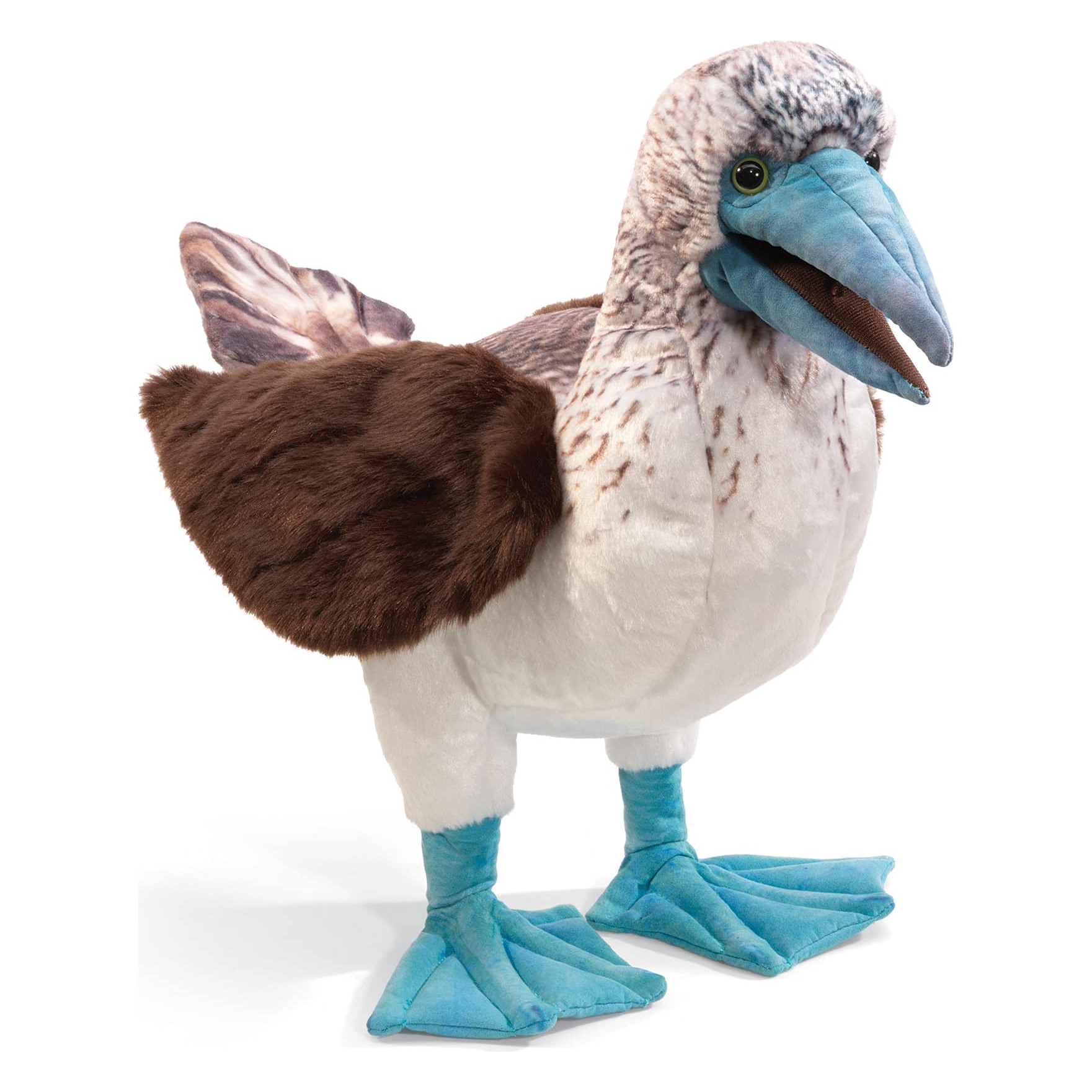 Folkmanis Handpuppe Blaufußtölpel stehend, mit türkisfarbenen Schwimmfüßen, blauem Schnabel und braun-weißem Gefieder