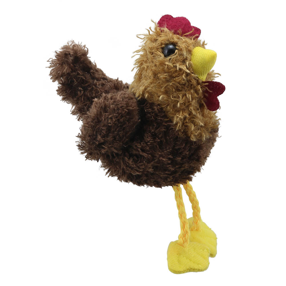 The Puppet Company finger puppet hen, brown and beige shaggy finger puppet with a red comb, front view