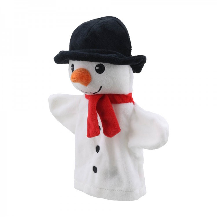 The Puppet Company baby hand puppet snowman, white puppet with a black hat, slightly angled view