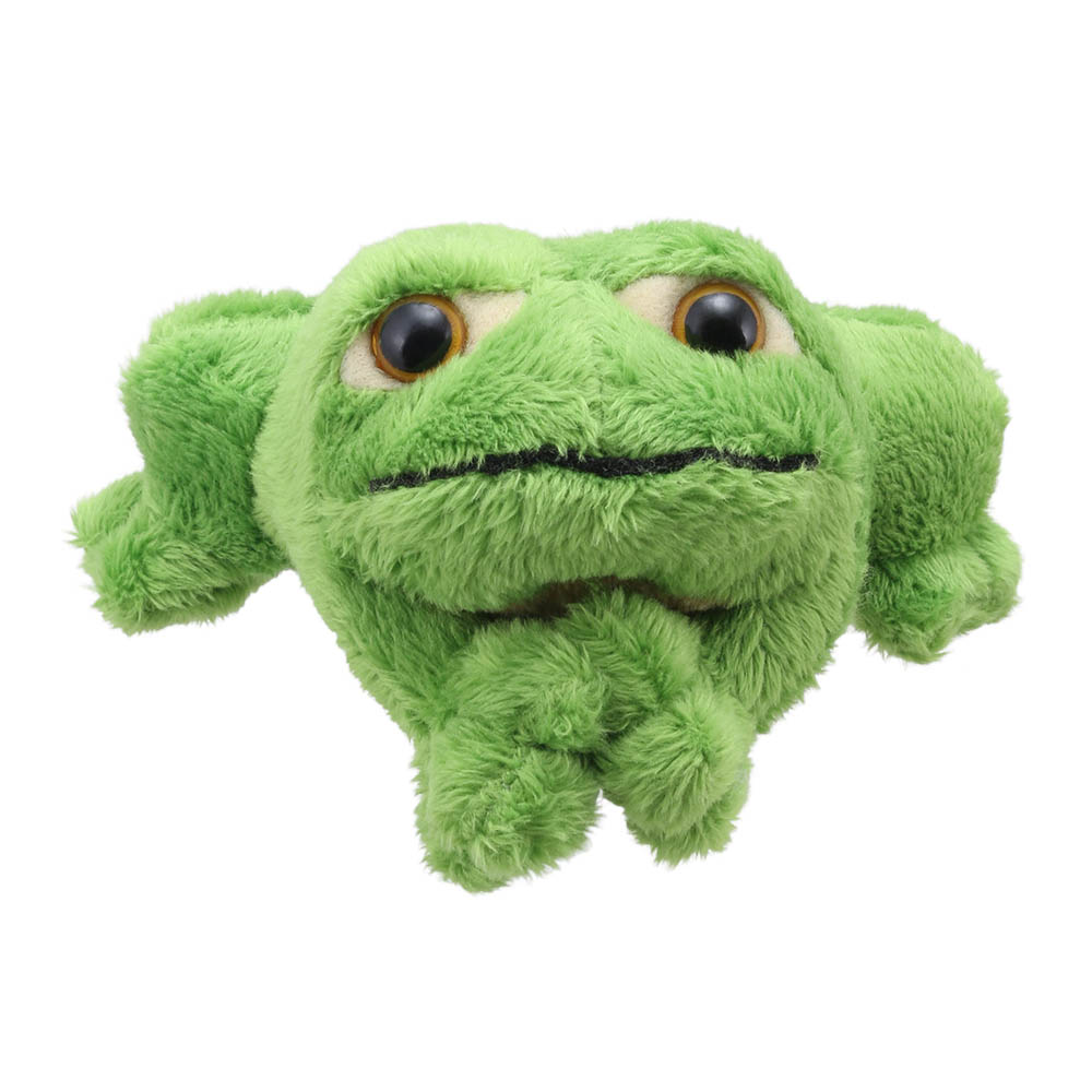 The Puppet Company finger puppet frog, lying light green finger puppet with a dotted pattern