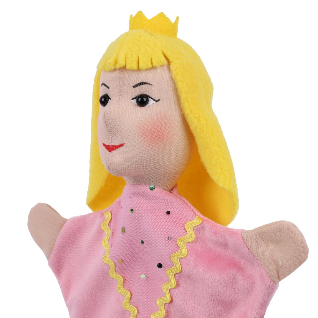 Kasperlepuppe Prinzessin von munabo, Nahaufnahme des Gesichts mit goldener Krone und rotem Mund.
