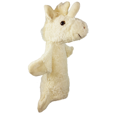 Kallisto hand puppet unicorn, side view with upright ears and cream fur