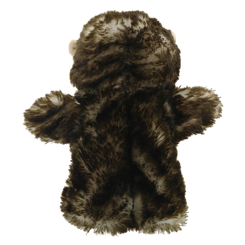The Puppet Company baby hand puppet hedgehog, back view showing mottled brown and beige spikes
