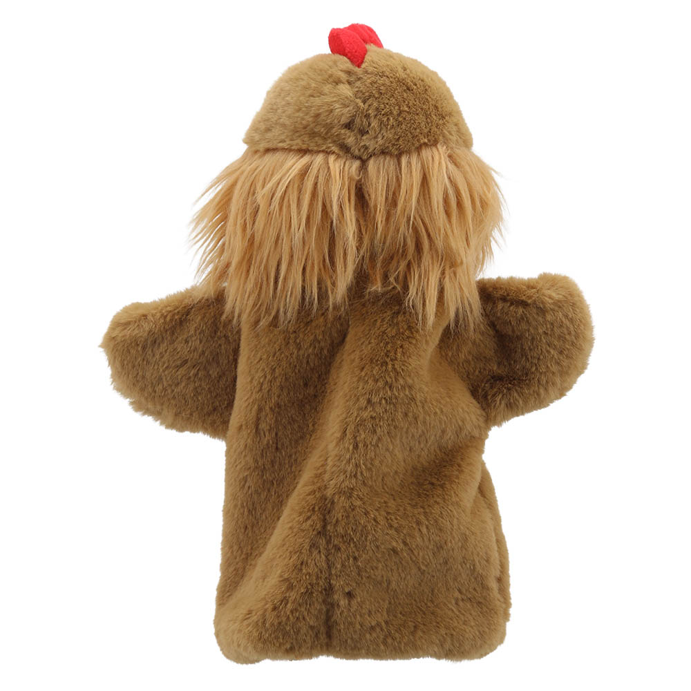 The Puppet Company baby hand puppet hen, back view showing a red comb and brown feathers