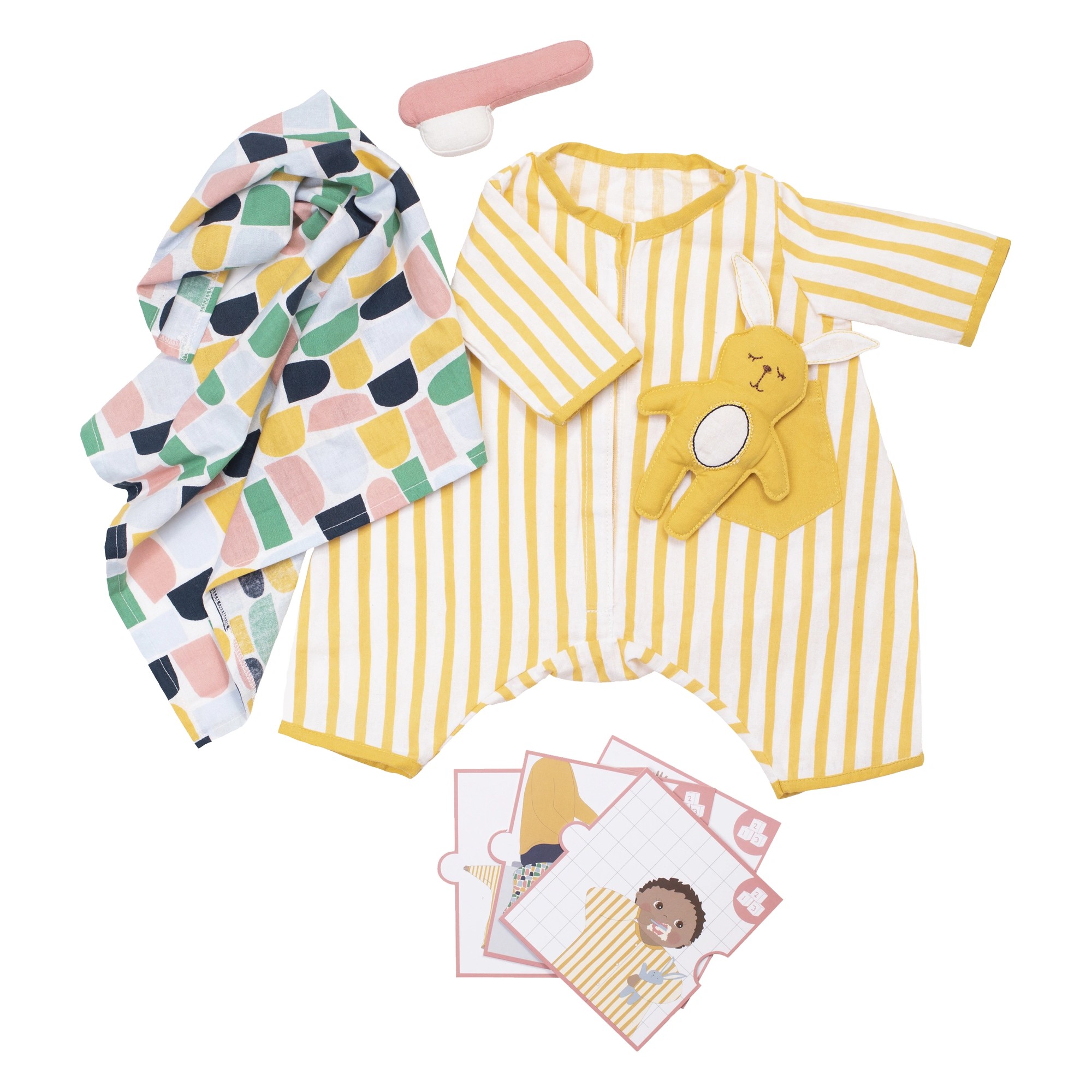 Sleep set by Rubens Barn: striped pyjamas, cuddly bunny, blanket, toothbrush and picture cards