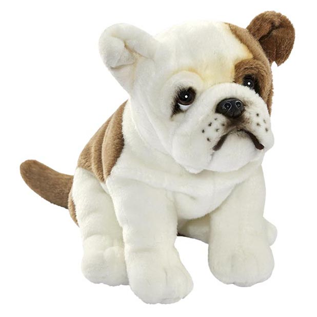 Französische Bulldogge von Anima als sitzende Plüschfigur in Weiß mit braunen Abzeichen an Kopf und Rücken