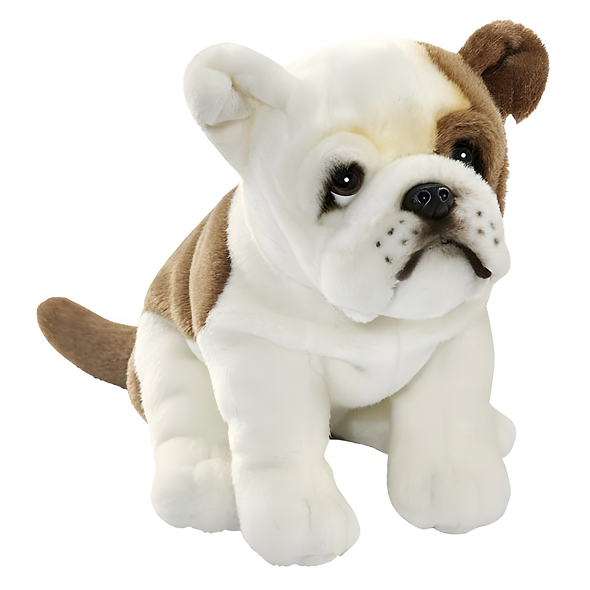 Französische Bulldogge von Anima als sitzende Plüschfigur in Weiß mit braunen Abzeichen an Kopf und Rücken