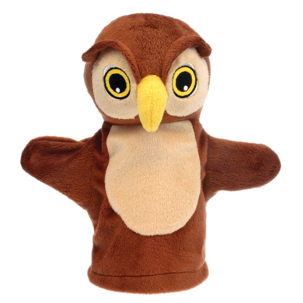 The Puppet Company Baby-Handpuppe Eule, braune Handpuppe mit großen gelben Augen und beigem Bauch