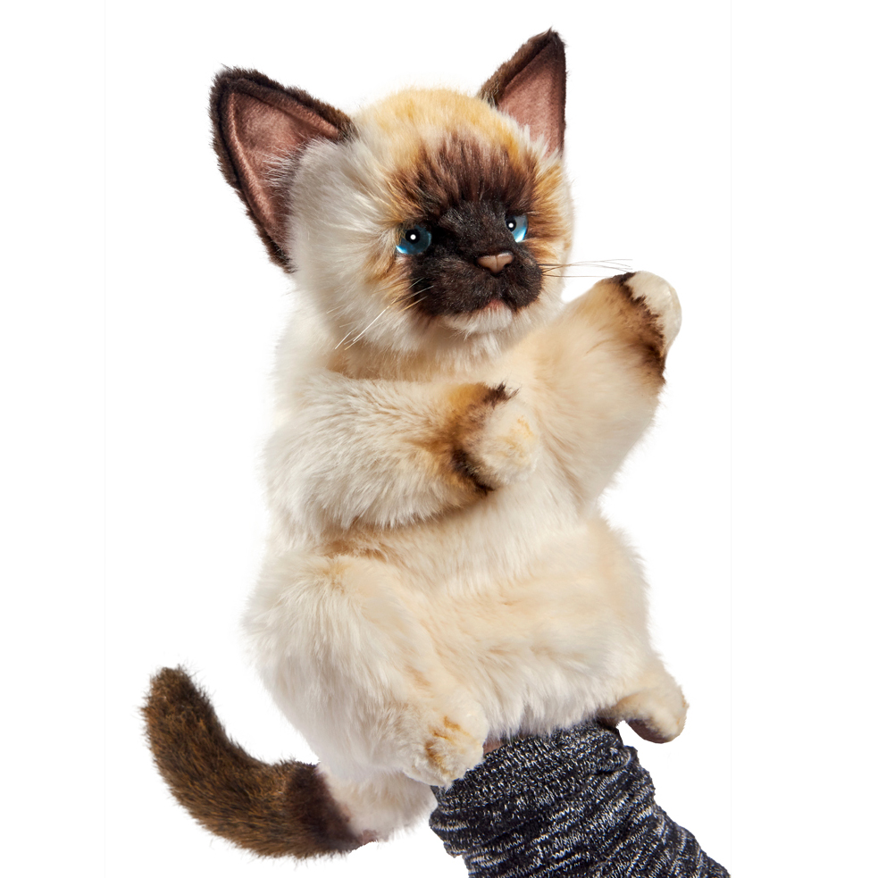 Siamkatze Handpuppe von Hansa Creation mit cremefarbenem Fell, dunklen Abzeichen und blauen Augen