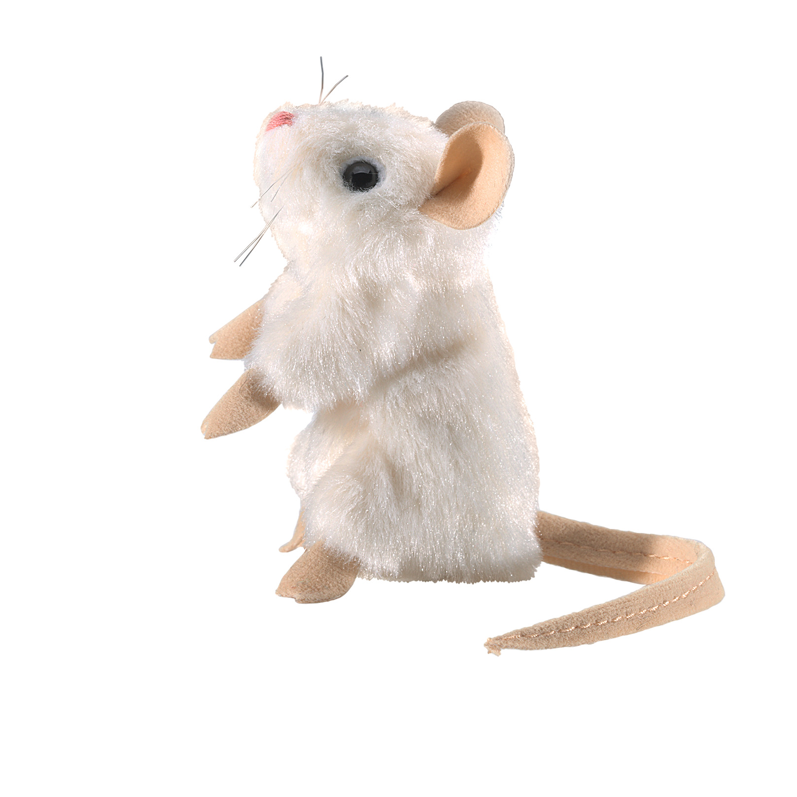 Folkmanis Fingerpuppe mini weiße Maus mit beigem Schwanz und Ohren, silbrigen Schnurrhaaren, aufrecht sitzend