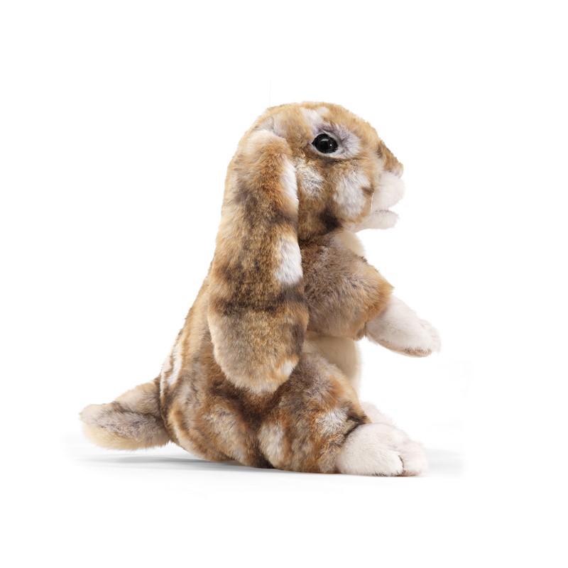 Folkmanis hand puppet lop-eared rabbit in brown and white fur, sitting with drooping ears, side view