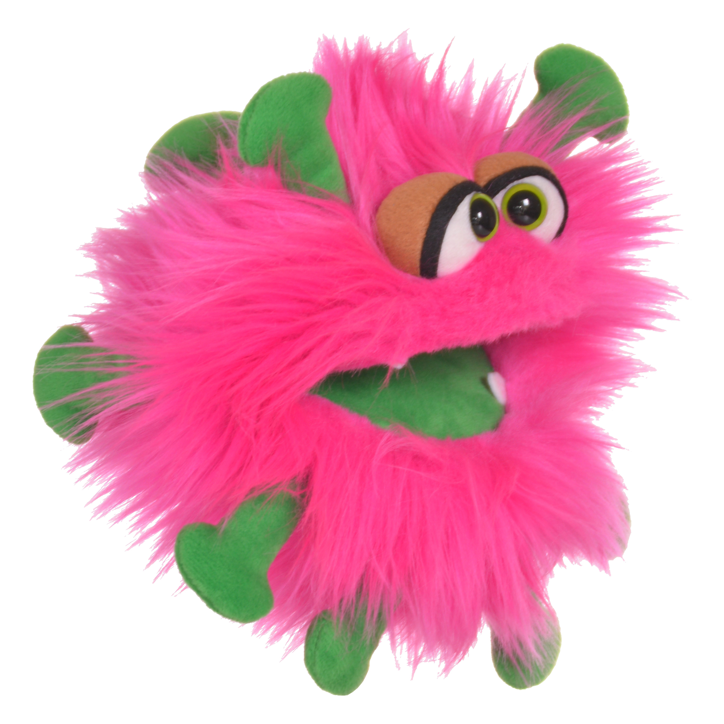 Living Puppets Handpuppe Kai mit pinkem Zottelfell, grünen Ohren und Händen und geöffnetem Klappmaul, Seitenansicht