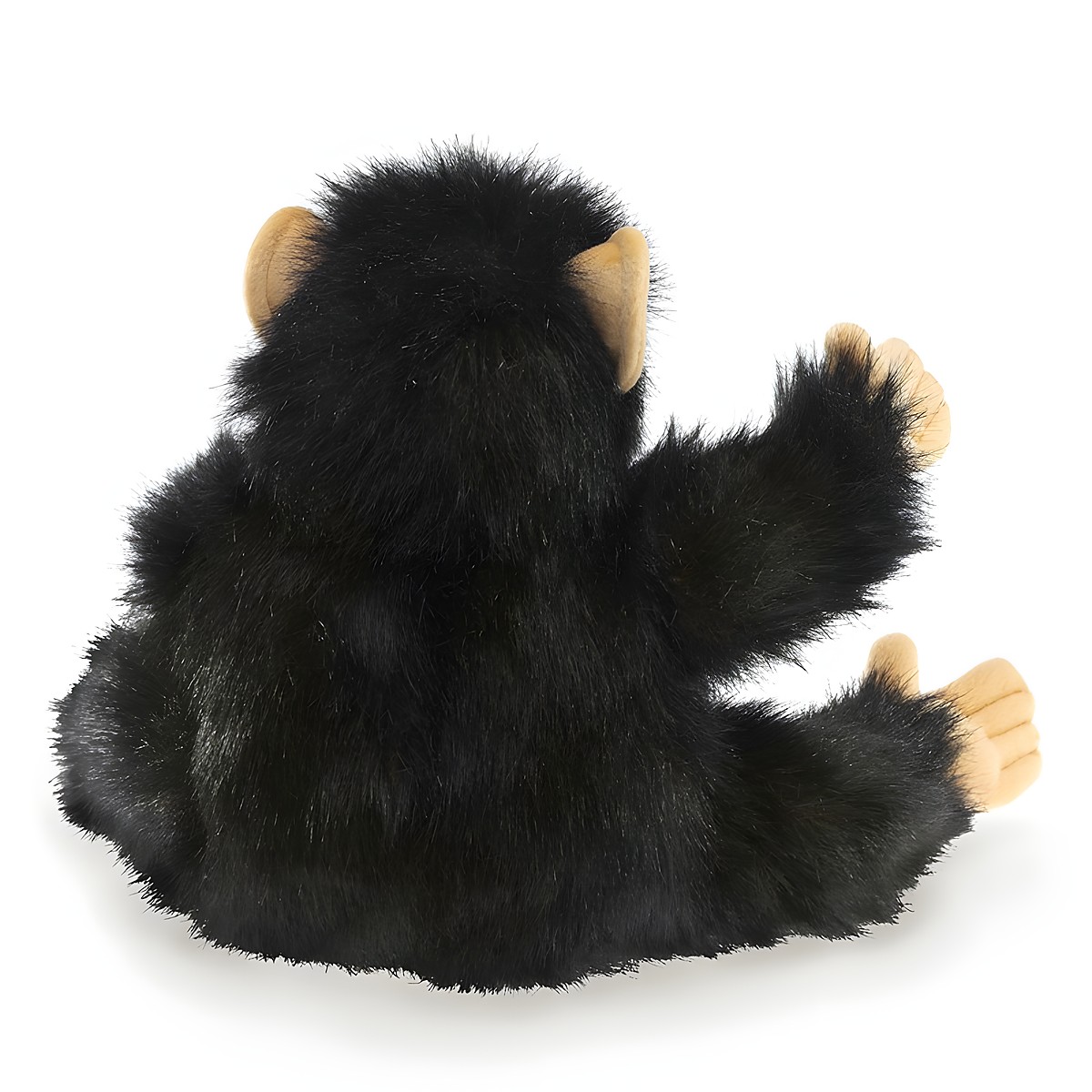 Folkmanis Handpuppe Baby Schimpanse von hinten: schwarzes Plüschfell, beige Ohren und Handflächen, eine Pfote erhoben