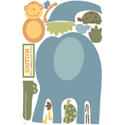 RoomMates Wandbild Zoo Animals, Klebebogen mit Affe, Elefant, Schildkröte und Warnschild-Motiv auf weißem Untergrund