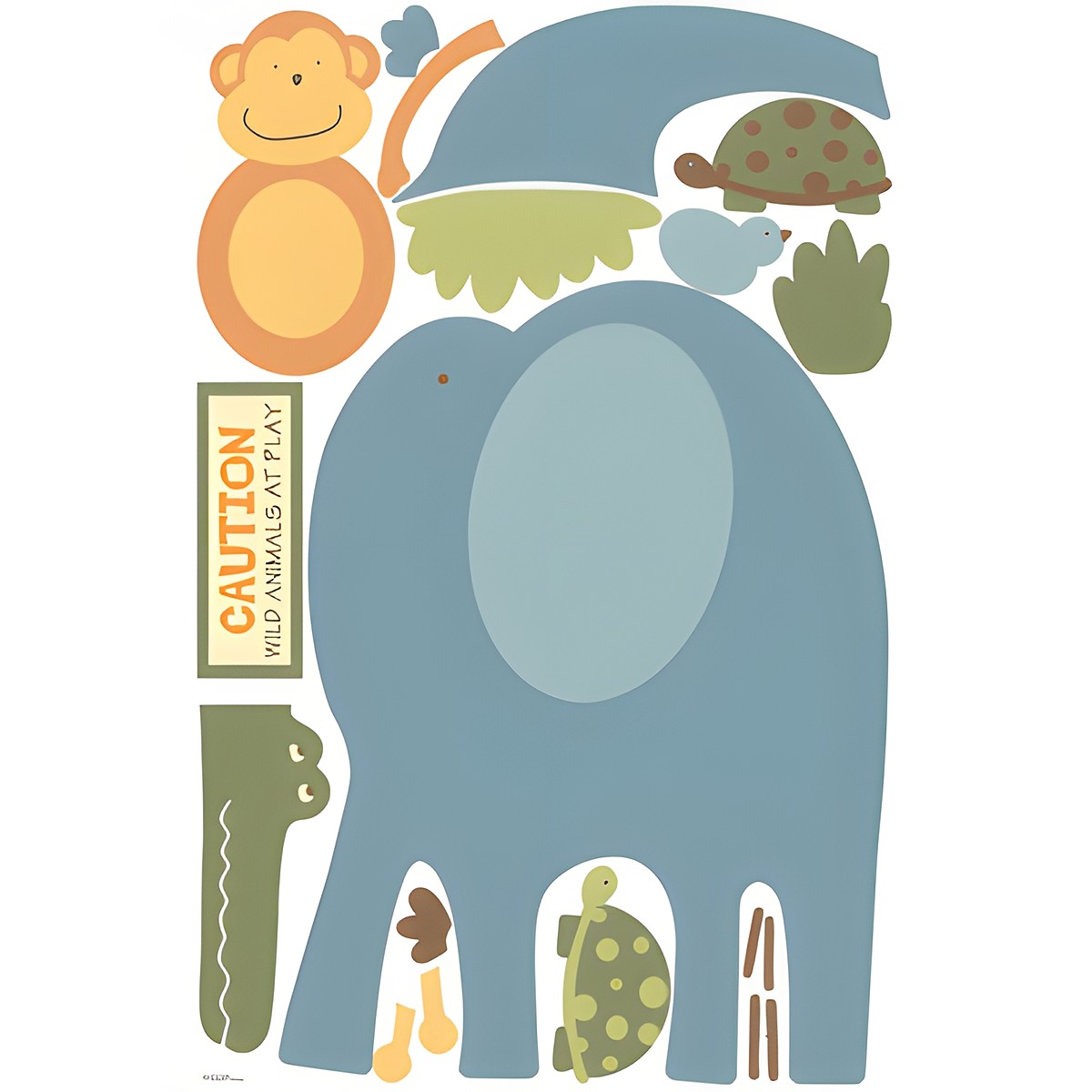 RoomMates Wandbild Zoo Animals, Klebebogen mit Affe, Elefant, Schildkröte und Warnschild-Motiv auf weißem Untergrund