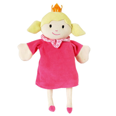 Egmont Toys hand puppet princess, pink dress with golden crown, blonde pigtails and floral neck scarf