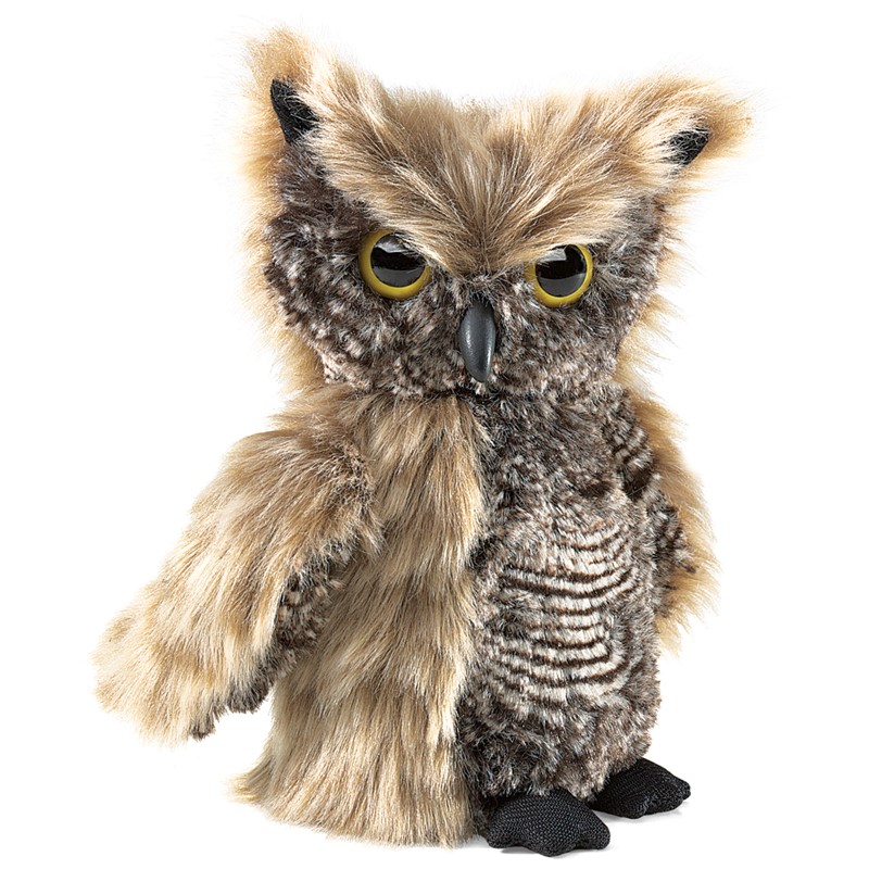 Folkmanis Handpuppe Kreischeule mit braun-beigem Gefieder, gelben Augen und schwarzem Schnabel, Frontalansicht