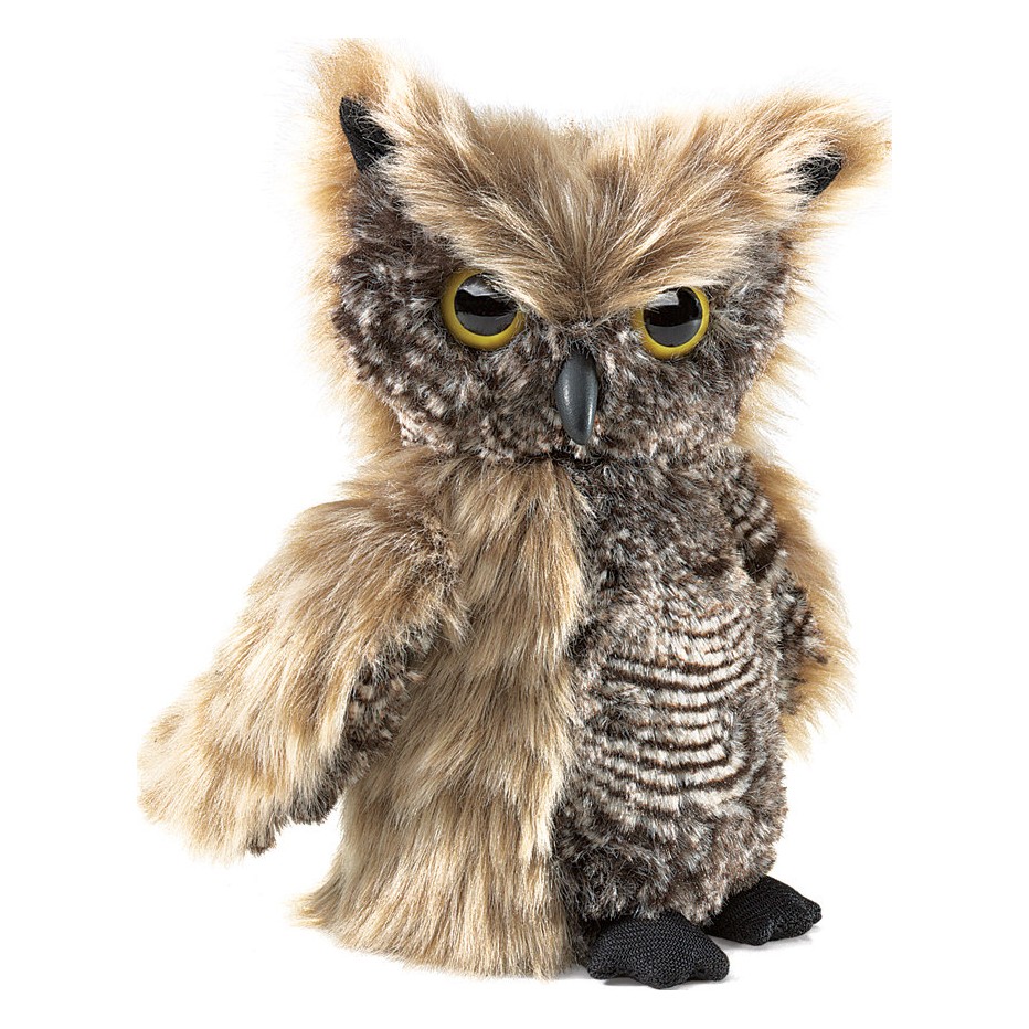Folkmanis screech owl hand puppet with brown-beige plumage, yellow eyes and black beak, front view