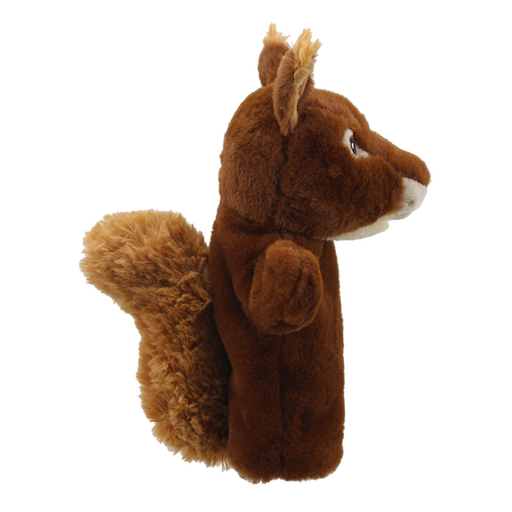 The Puppet Company hand puppet squirrel, side view with the tail hanging down