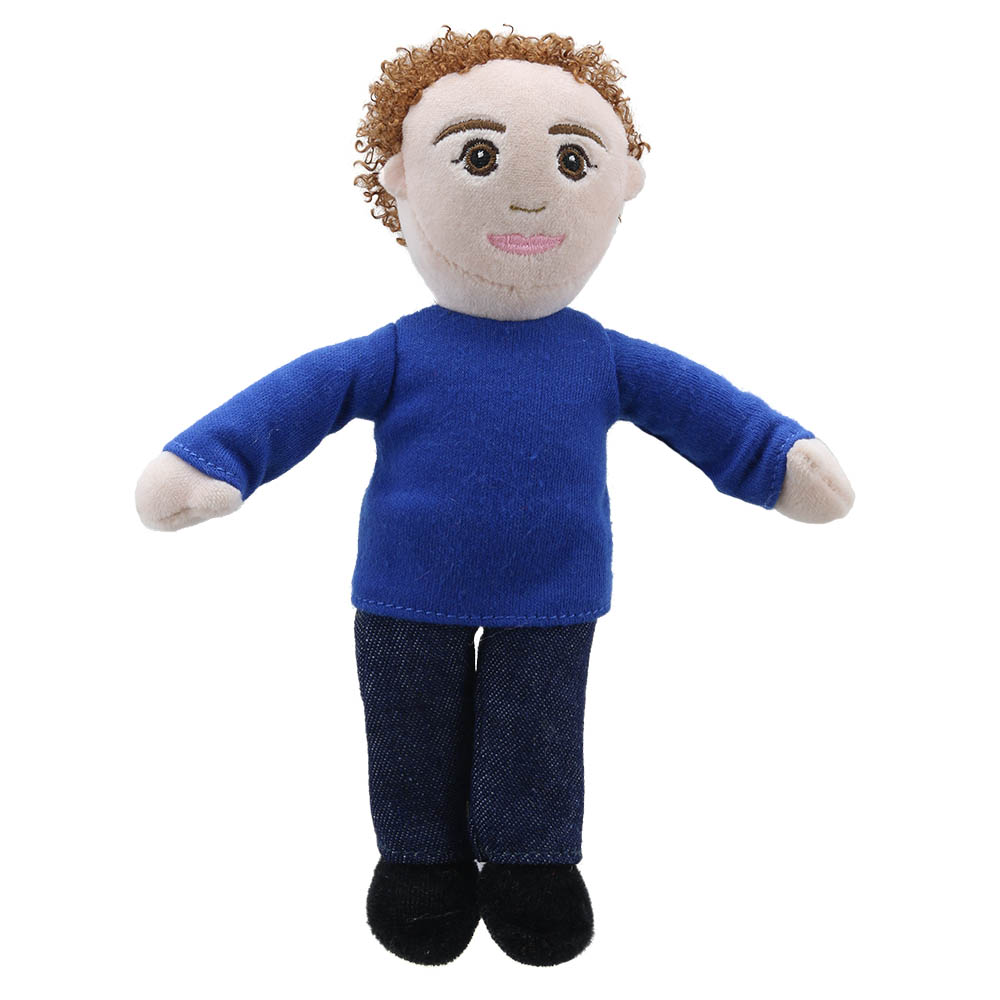 The Puppet Company finger puppet Dad, puppet with curly brown hair and a blue top