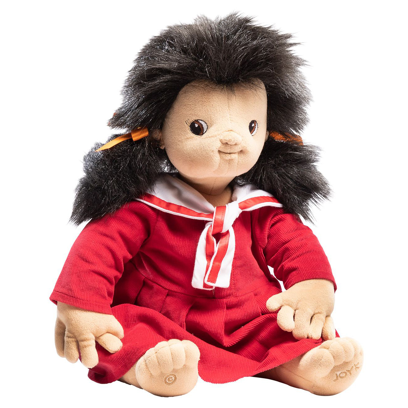 Joyk Empathiepuppe Mia mit dunklem Wuschelhaar und rotem Kleid mit Matrosenkragen, sitzend