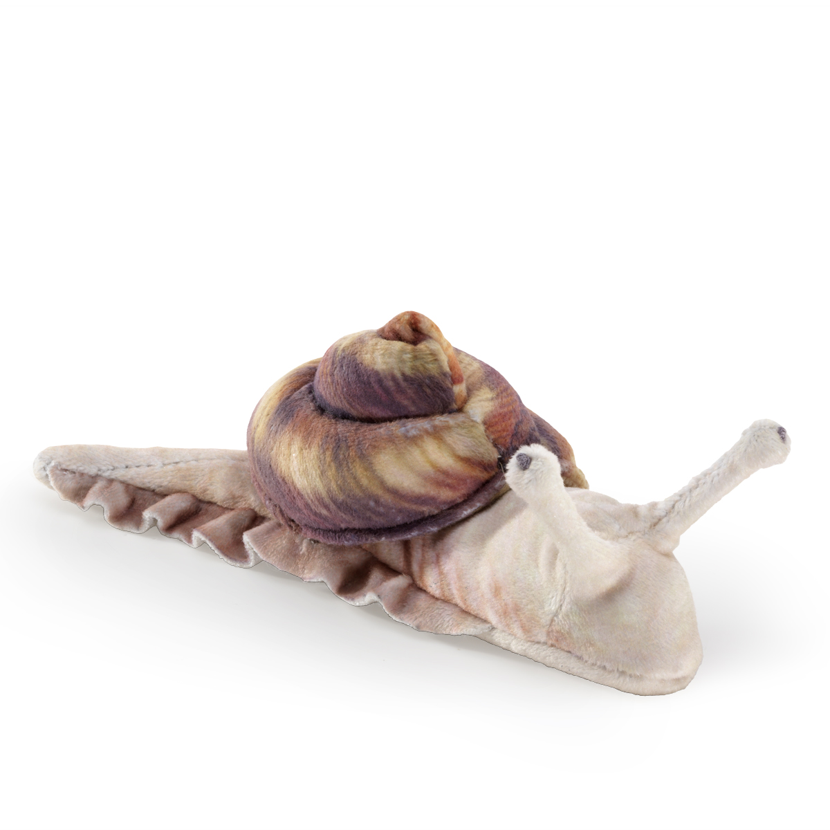 Folkmanis Fingerpuppe mini Schnecke mit gewundenem braun-violettem Gehäuse und ausgestreckten Fühlern in Seitenansicht